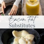 A jar of ghee, and a cast iron skillet filled with tallow.