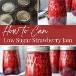 Jars of strawberry jam and a frame with a canner shown.