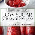 A close up of jars of strawberry jam.