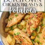 A Dutch Oven with potatoes and chicken breasts.