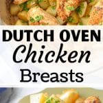 A Dutch Oven filled with chicken breast and potatoes.