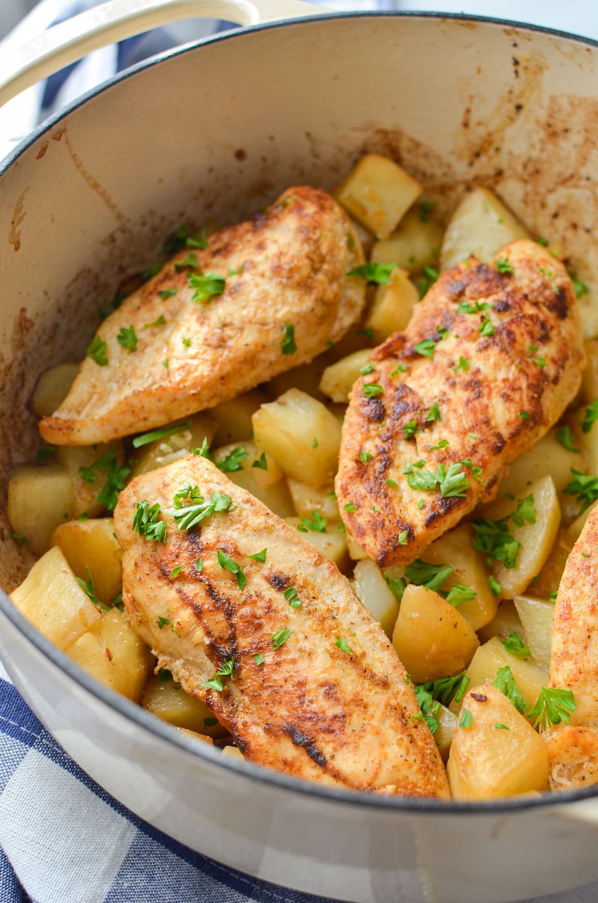 A large Dutch Oven with chicken breasts and potatoes.