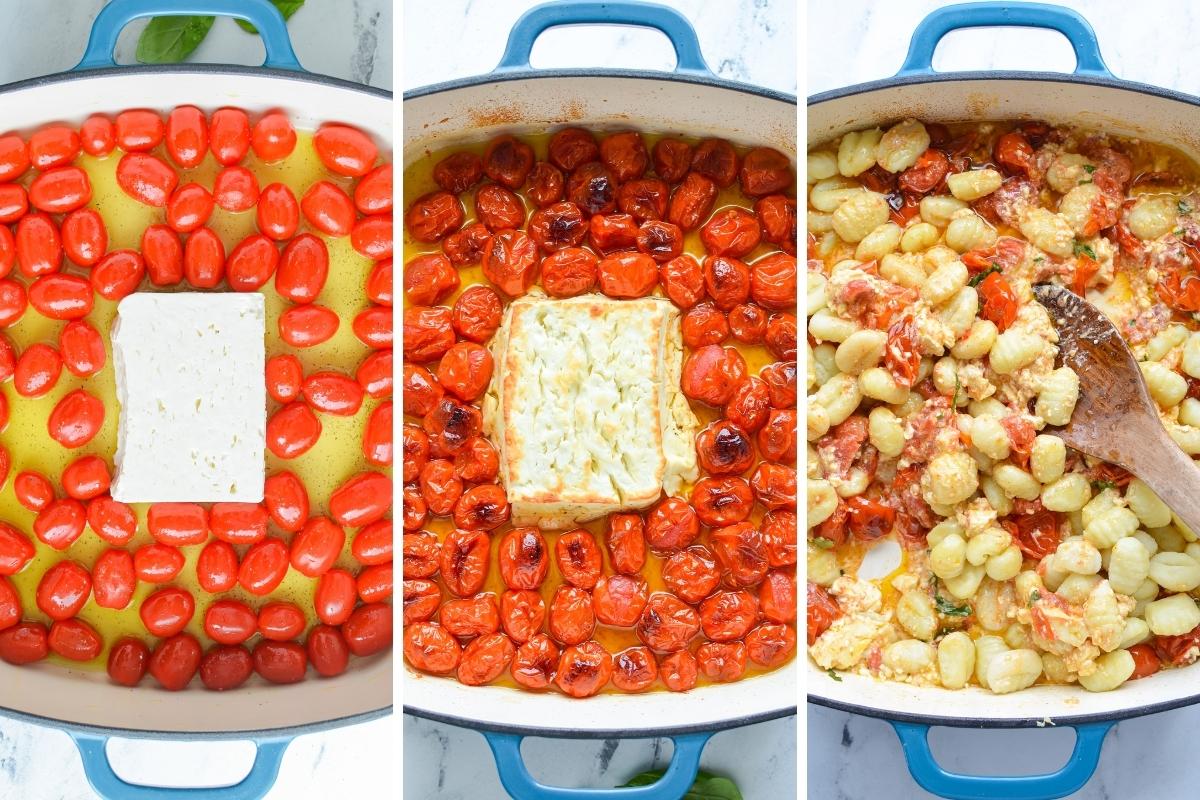 A three way split image: a baking dish with tomatoes and Geta, another baked, and a final one with gnocchi mixed in.
