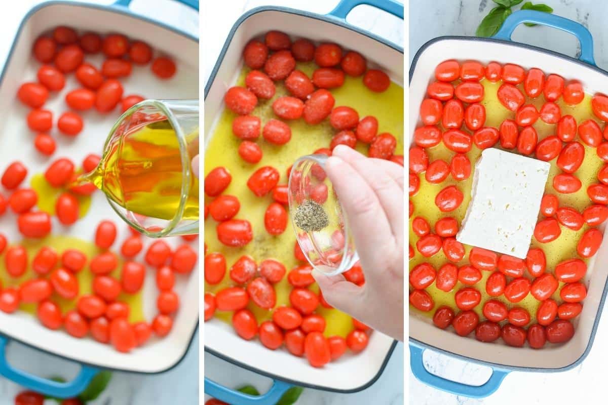 Adding olive oil to a baking dish with cherry tomatoes, then salt and pepper, and finally a block of feta cheese.