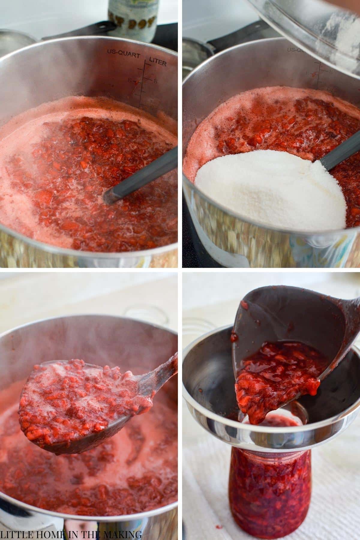 Adding sugar to a pot of mashed strawberries.