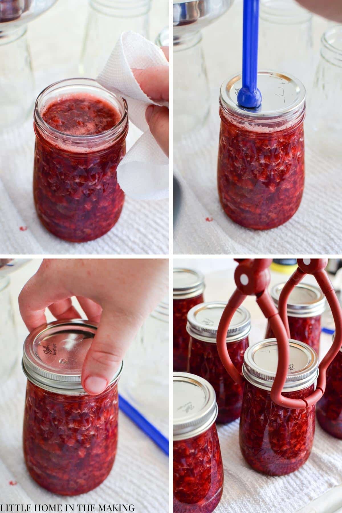 Adding a a lid and ring to a jar of strawberry jam.