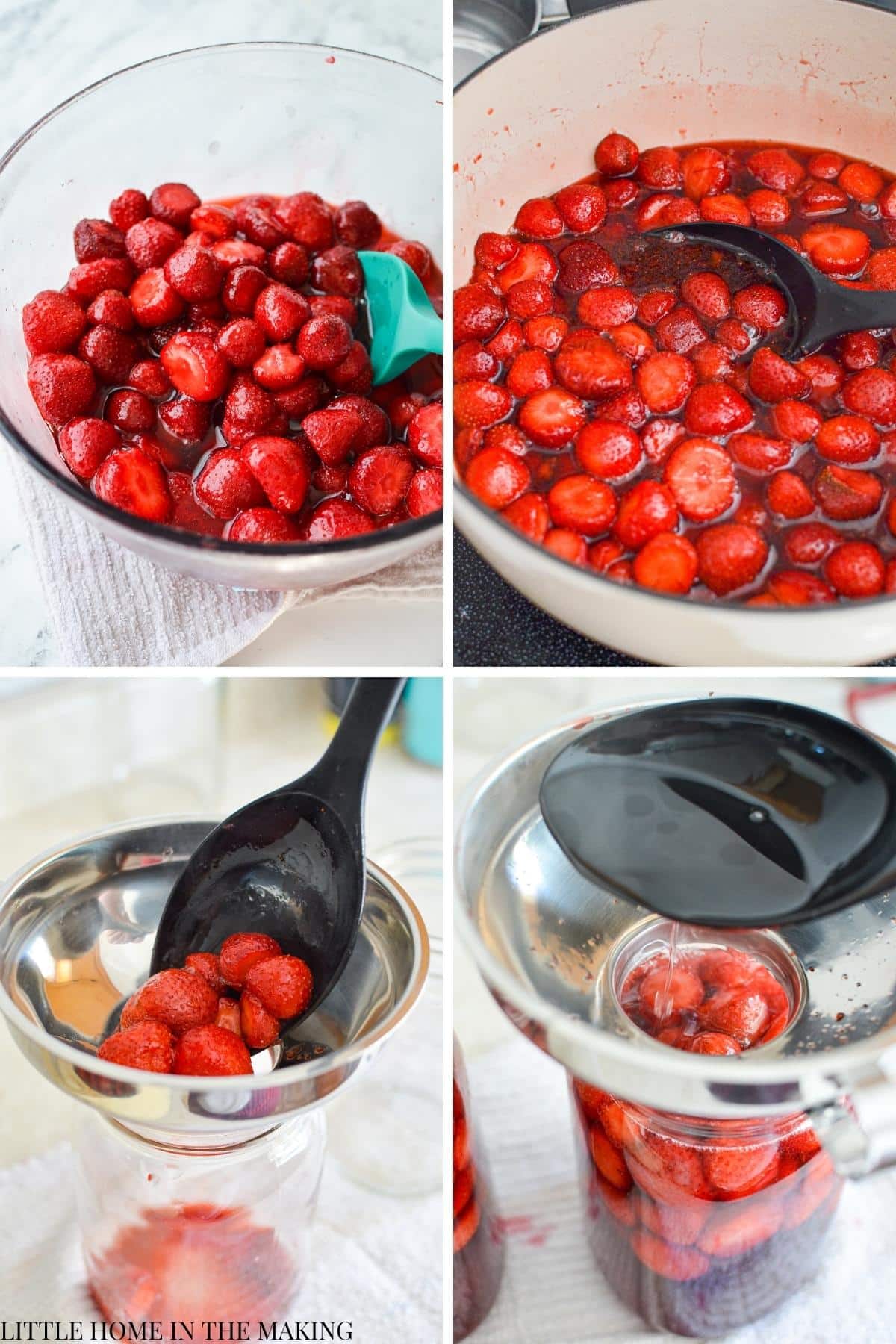 Ladling hot strawberries and syrup into canning jars.