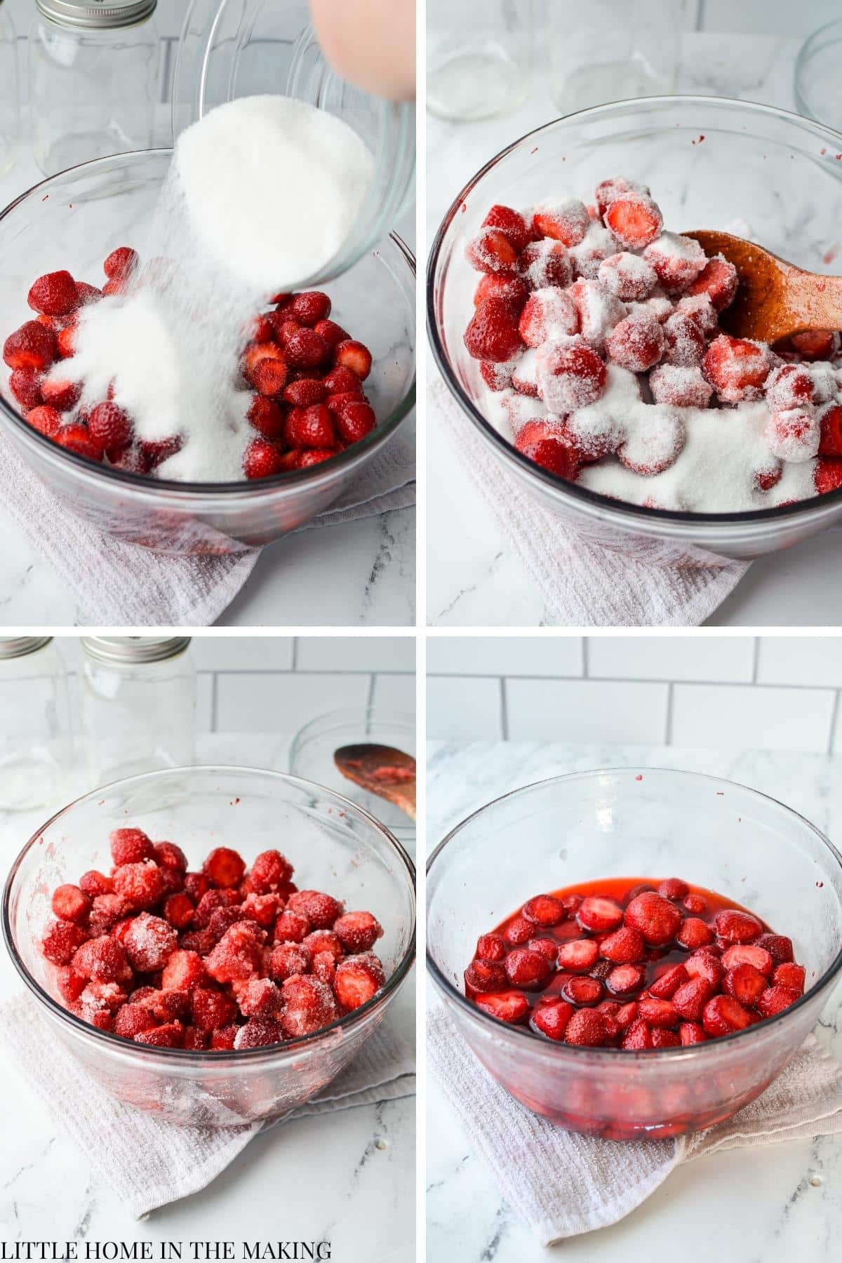 Adding sugar to whole strawberries and allowing it to set.