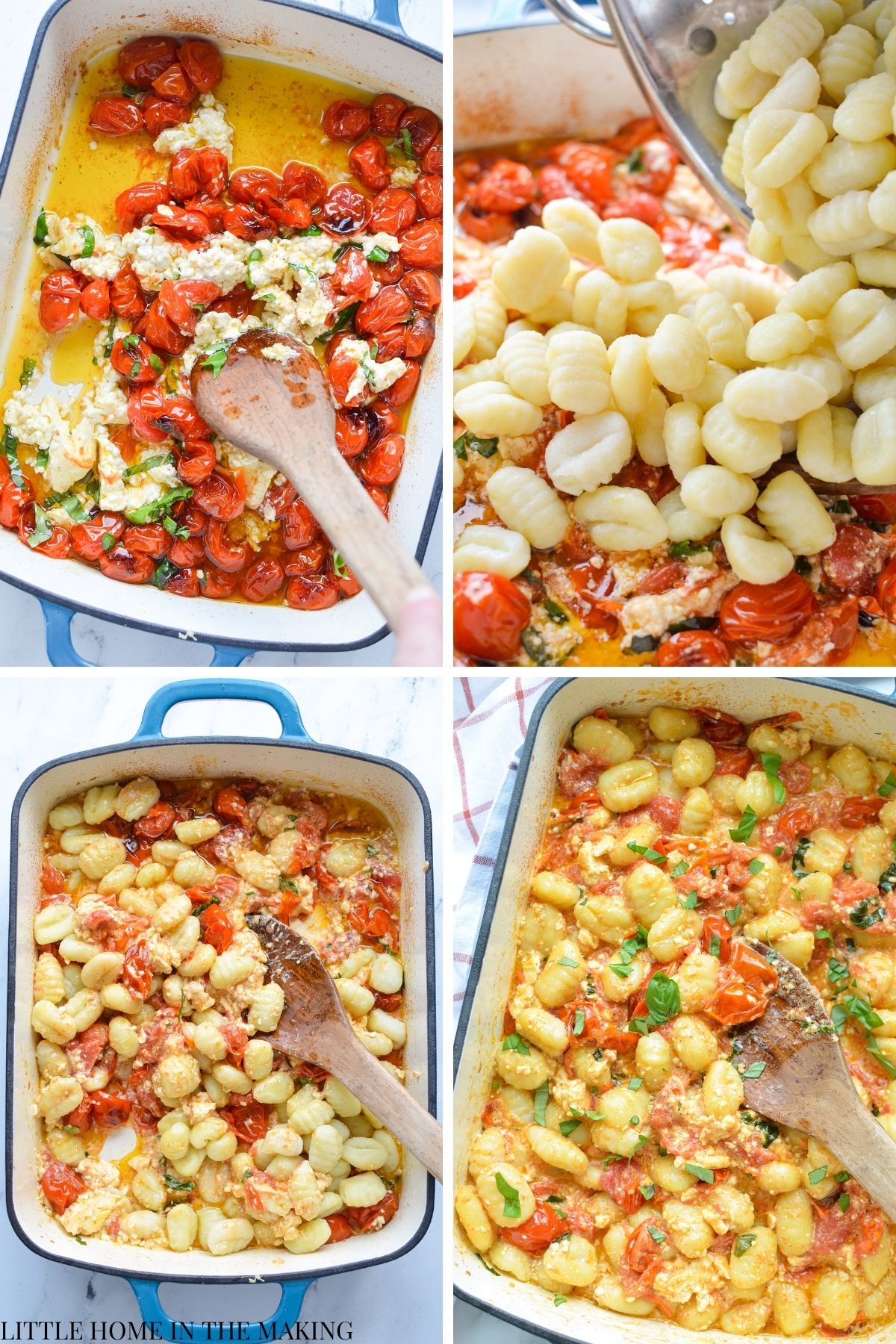 Breaking up cherry tomatoes and feta cheese, and then adding gnocchi into the mix.