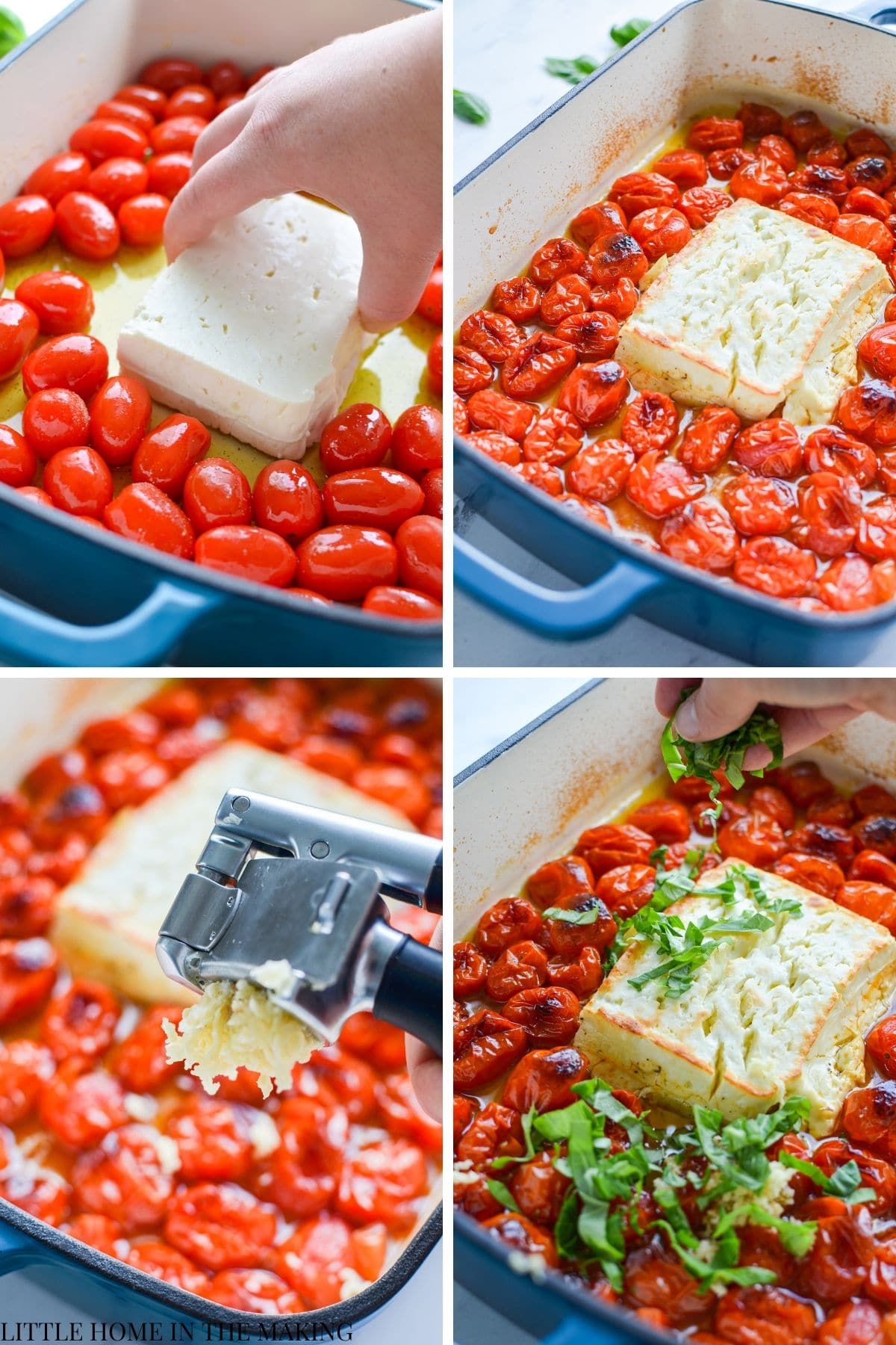 Adding a block of feta cheese to the center of a baking dish with cherry tomatoes, then baking it.