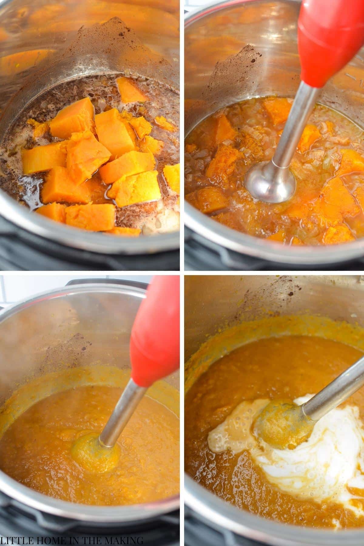 Pureeing cooked butternut squash into a soup using a handheld blender.