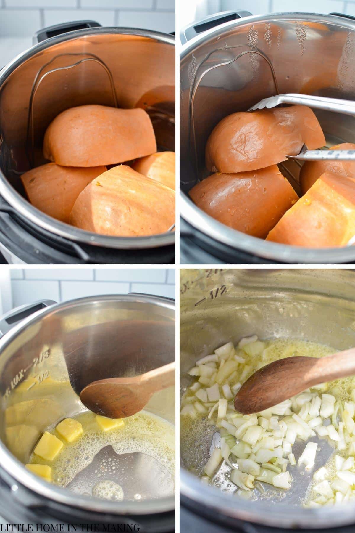 Cooking Butternut squash chunks in the Instant Pot, and then sauteing an onion with butter.
