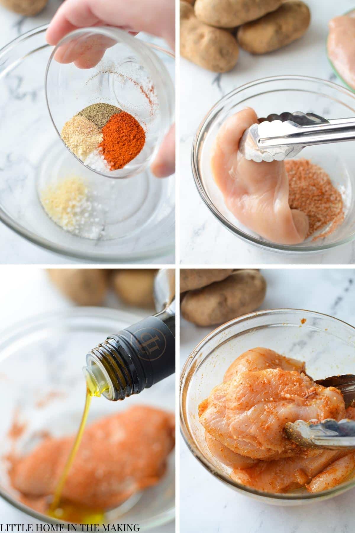 Tossing chicken breasts with seasoning and oil.