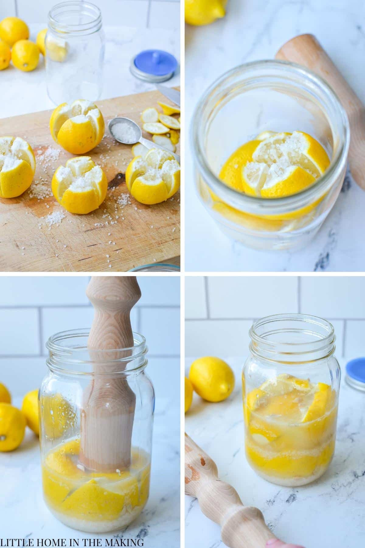 Adding salted lemons to a jar.