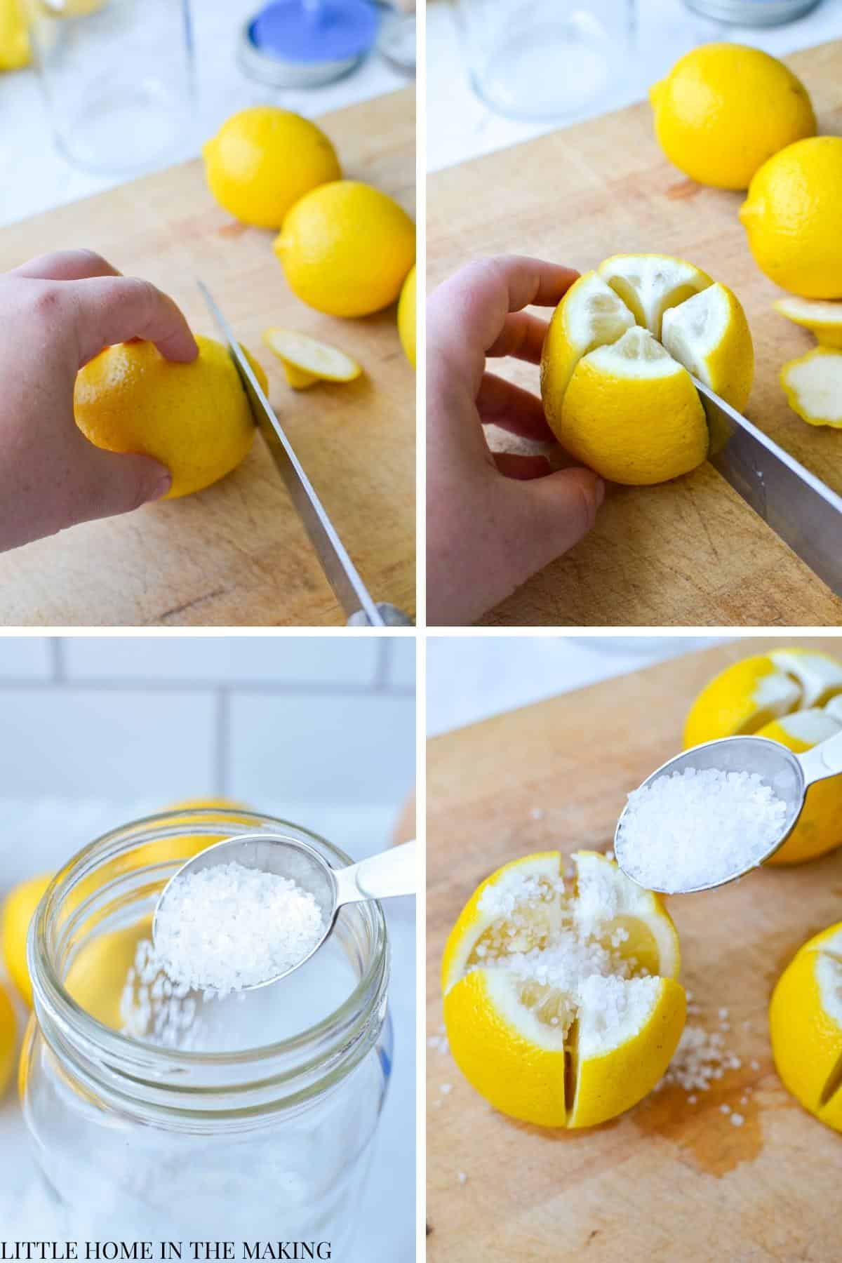 Cutting lemons into cross sections and adding salt.