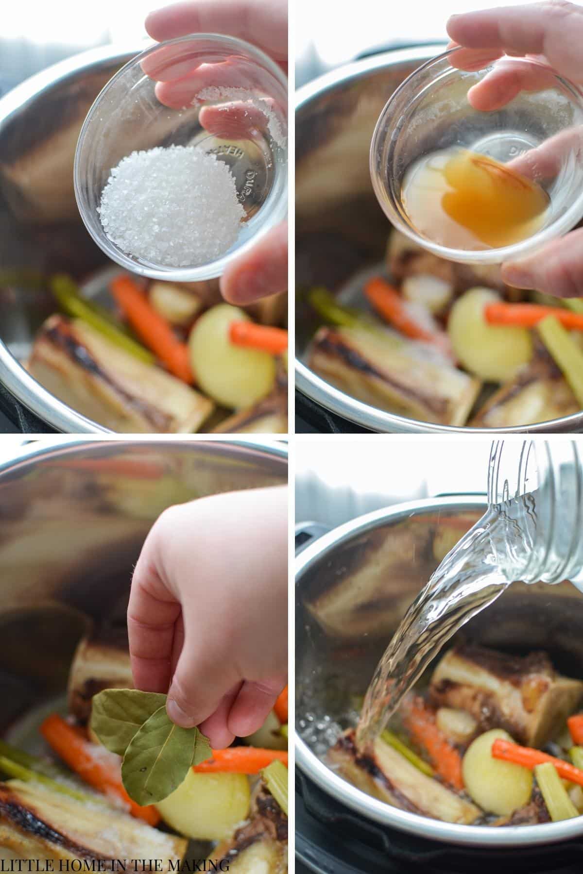 Adding salt, ACV, and bay to an Instant Pot.