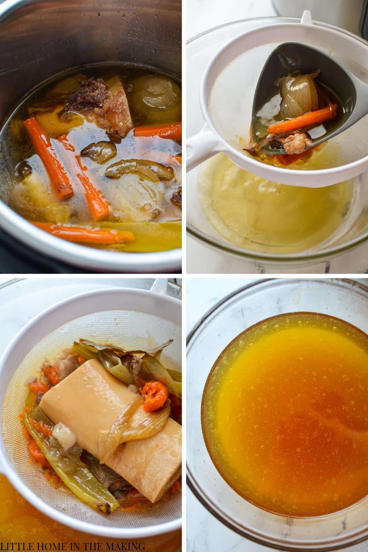 Straining beef broth of veggies and bones to get a clear liquid.