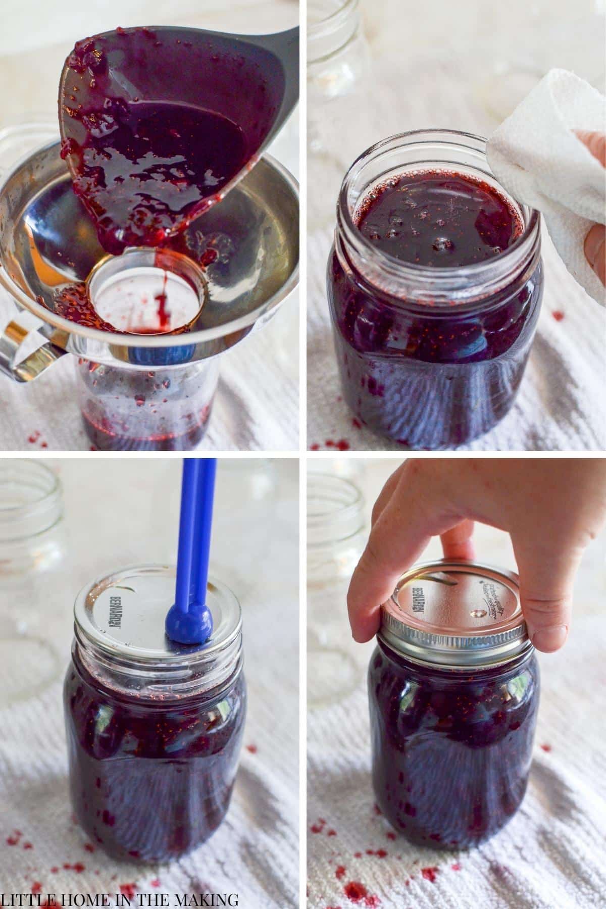 Filling and sealing jars of strawberry jam.