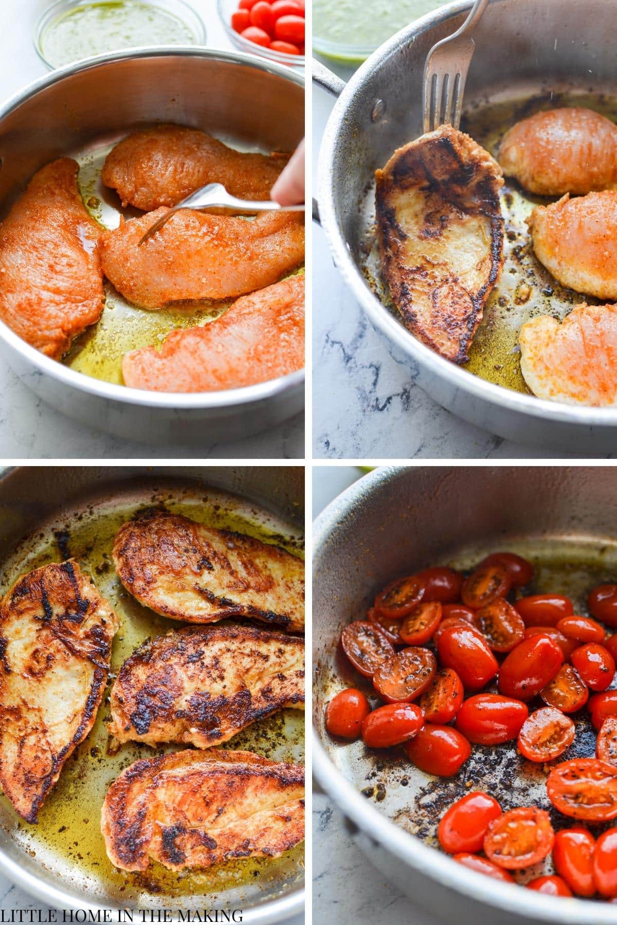 Cooking chicken breasts in a heavy bottomed skillet, and then blistering cherry tomatoes.