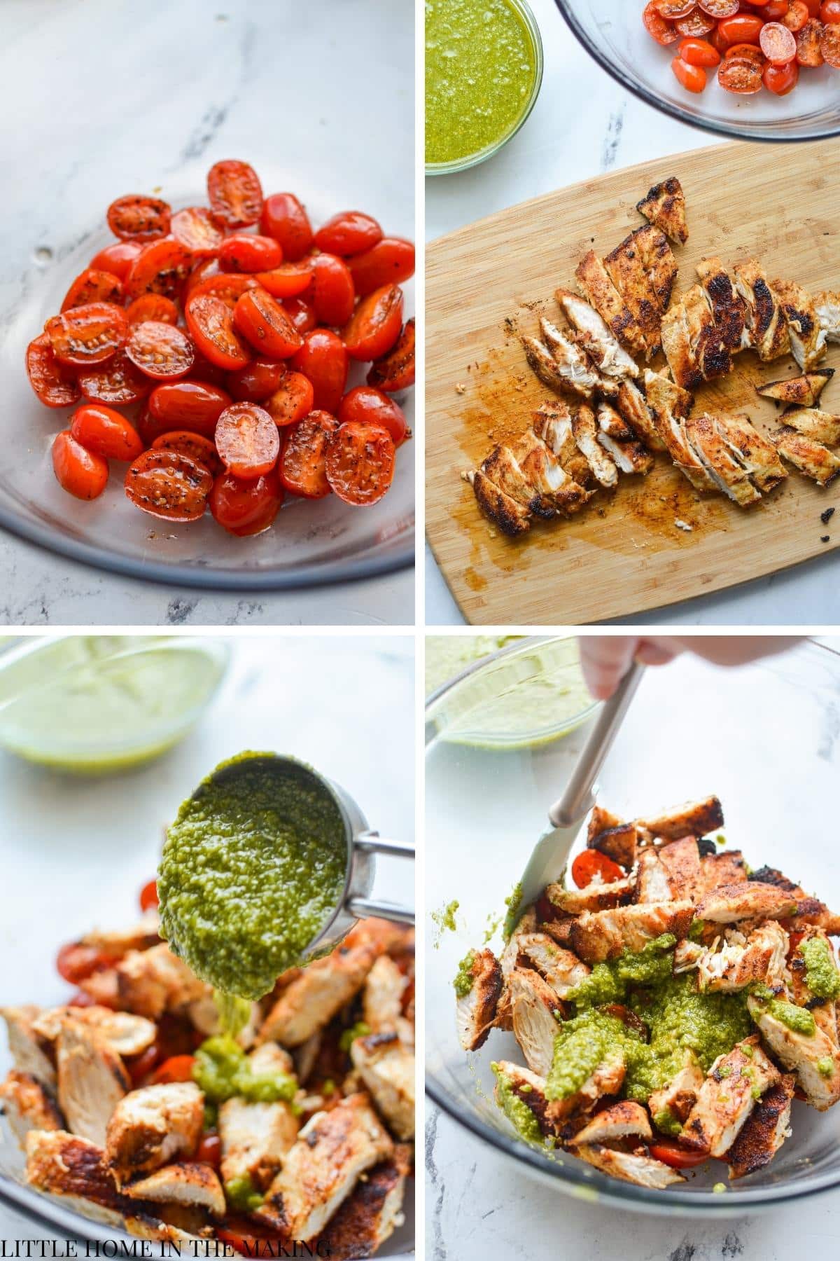 Adding cherry tomatoes, chopped chicken and pesto to a large bowl.