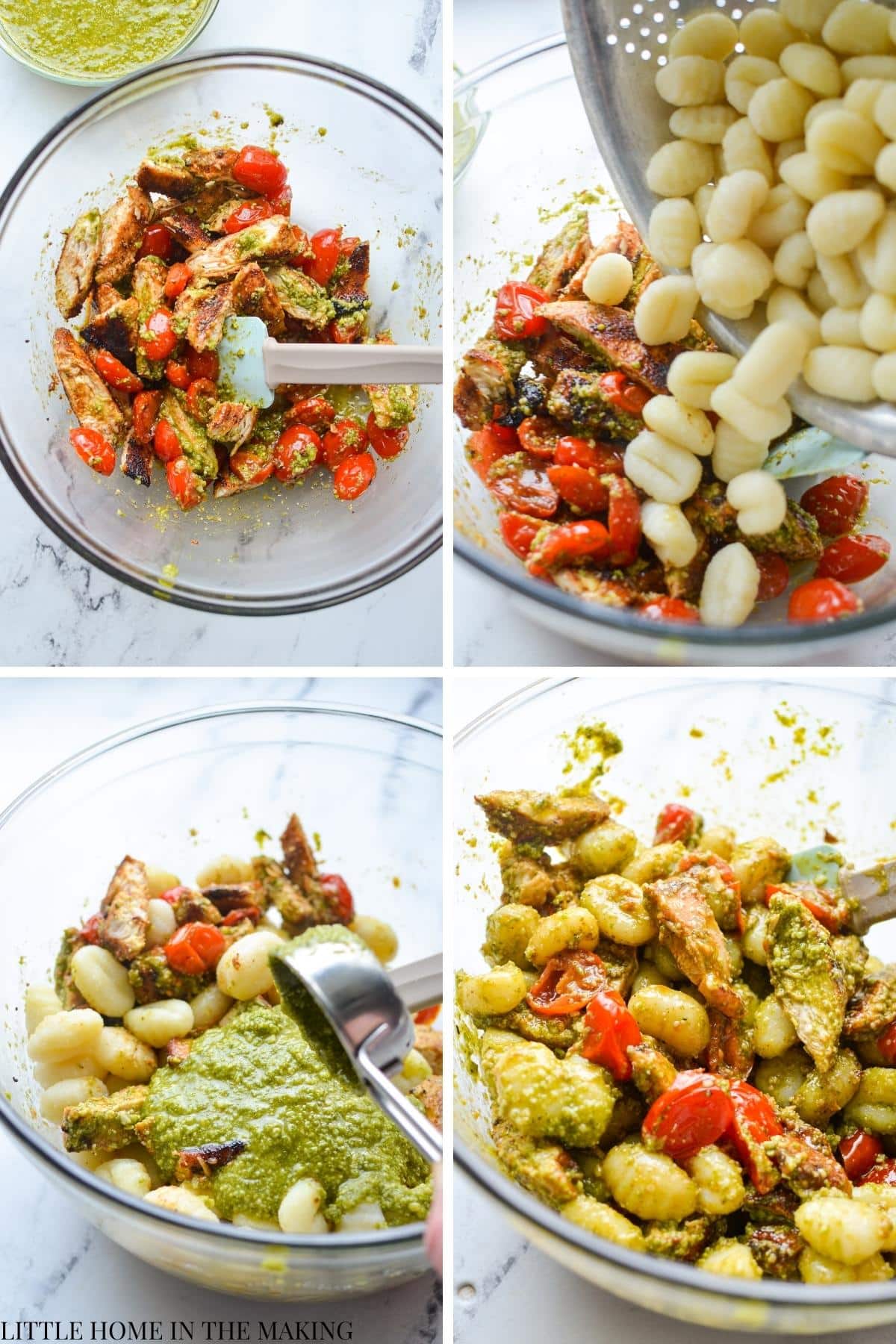 Adding cooked gnocchi and pesto to a bowl with sliced chicken and cherry tomatoes.