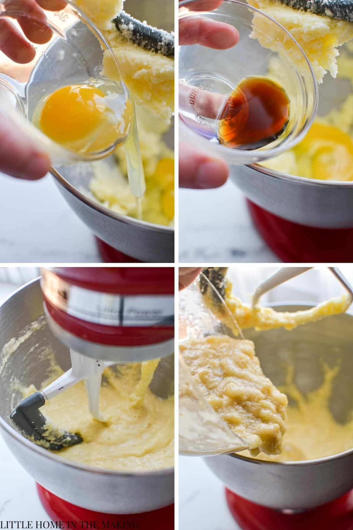 Adding egg and vanilla to a stand mixer to make a batter.