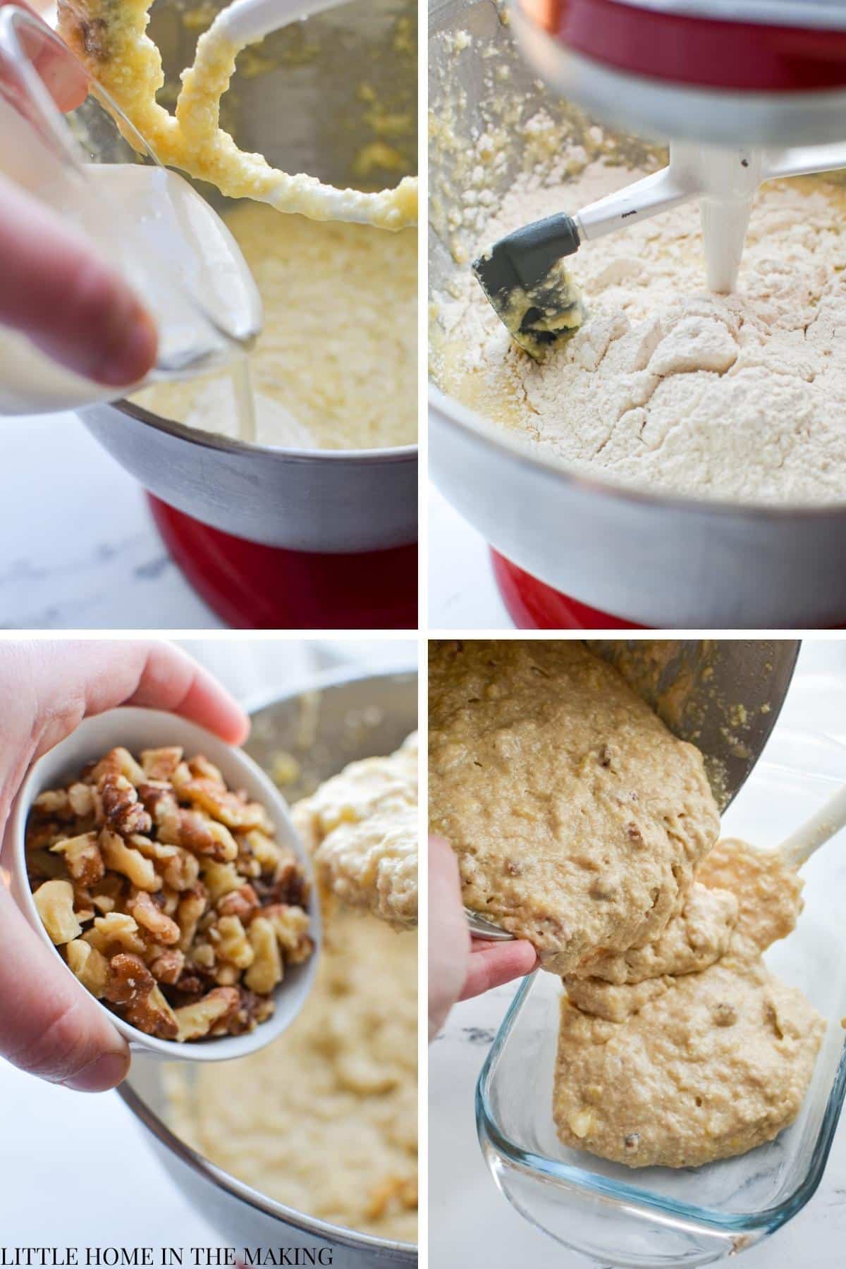 Adding sourdough discard and walnuts to a batter.