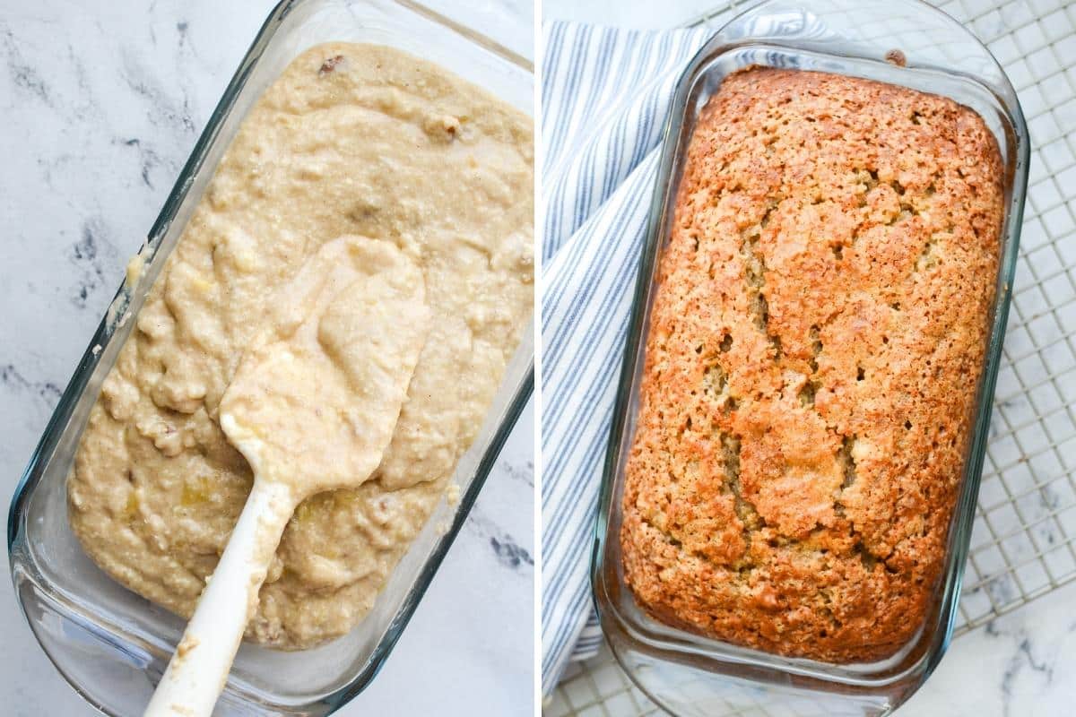 Spreading banana bread into a glass loaf pan and baking until golden.