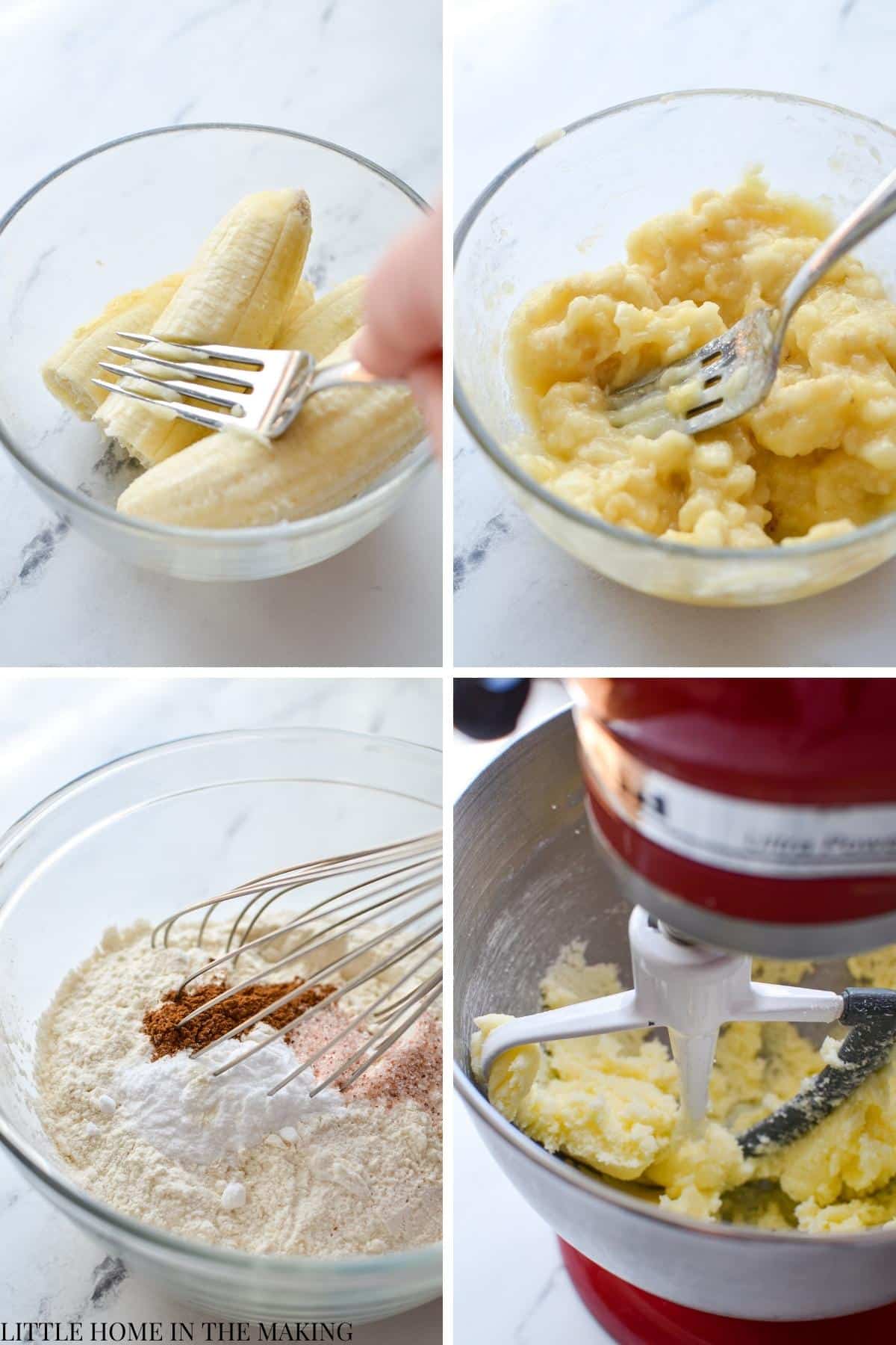 Mashing a ripe banana with a fork, then stirring together dry ingredients and creaming butter.