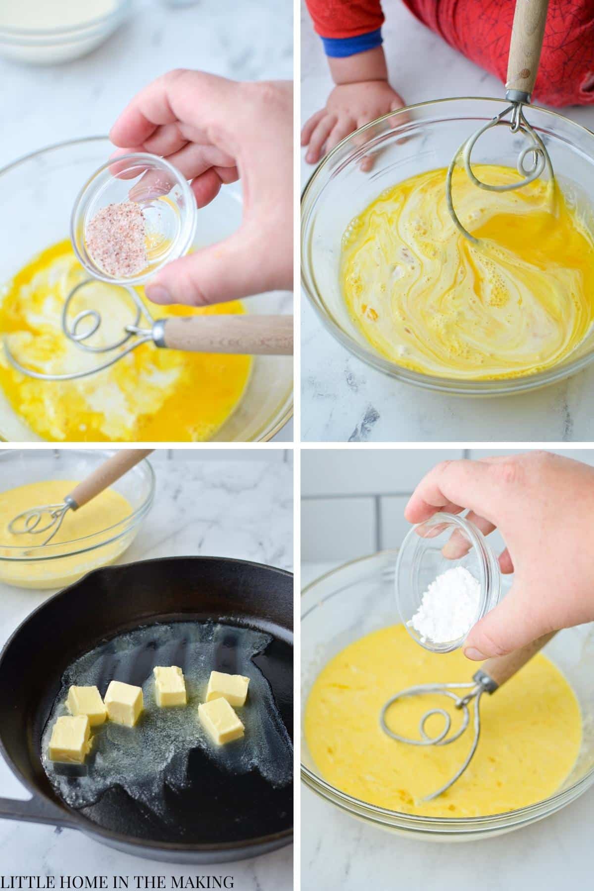 Adding salt to an egg based batter, then melting butter in a cast iron pan.