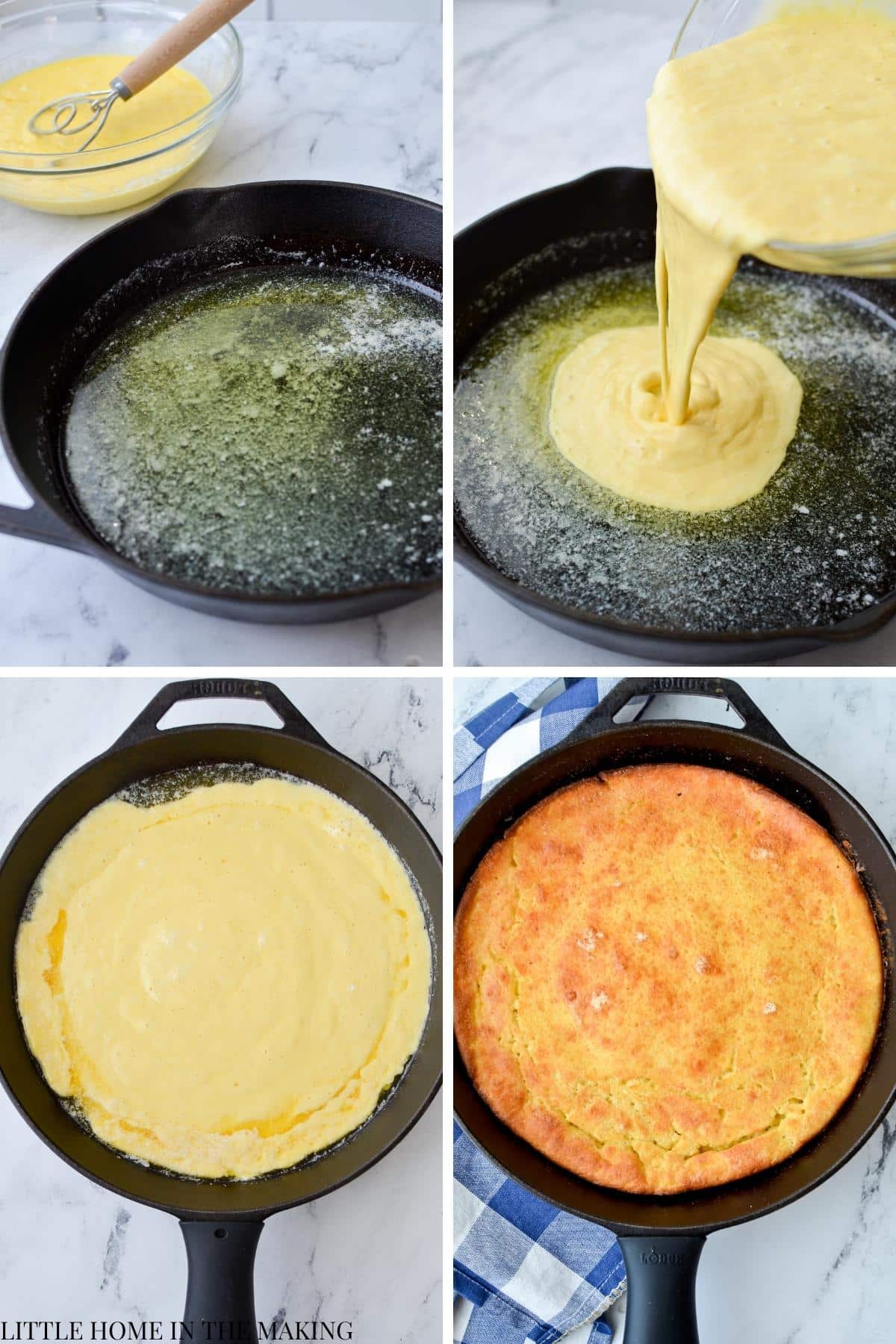 Pouring batter into a cast iron pan with melted butter.