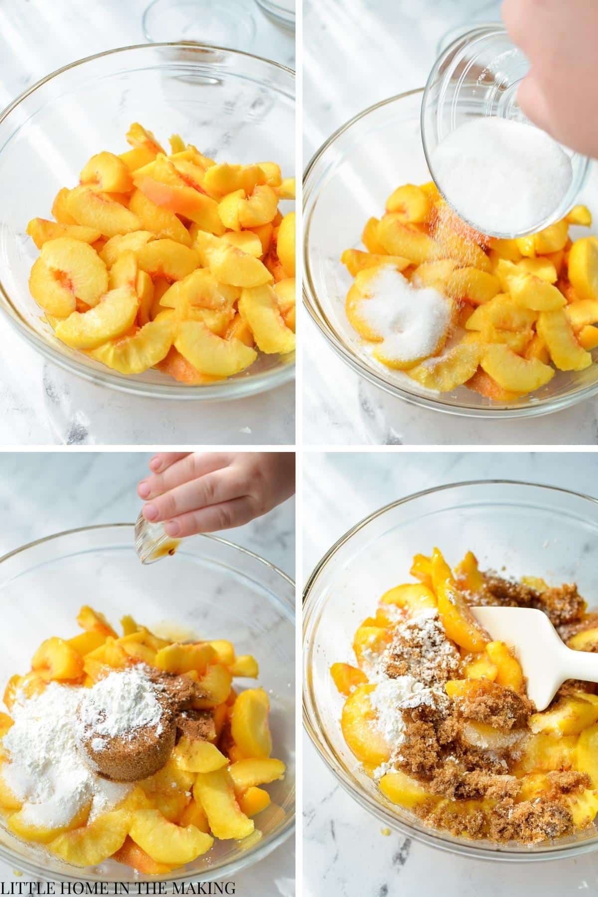 Preparing peach slices for making into a peach cobbler filling.