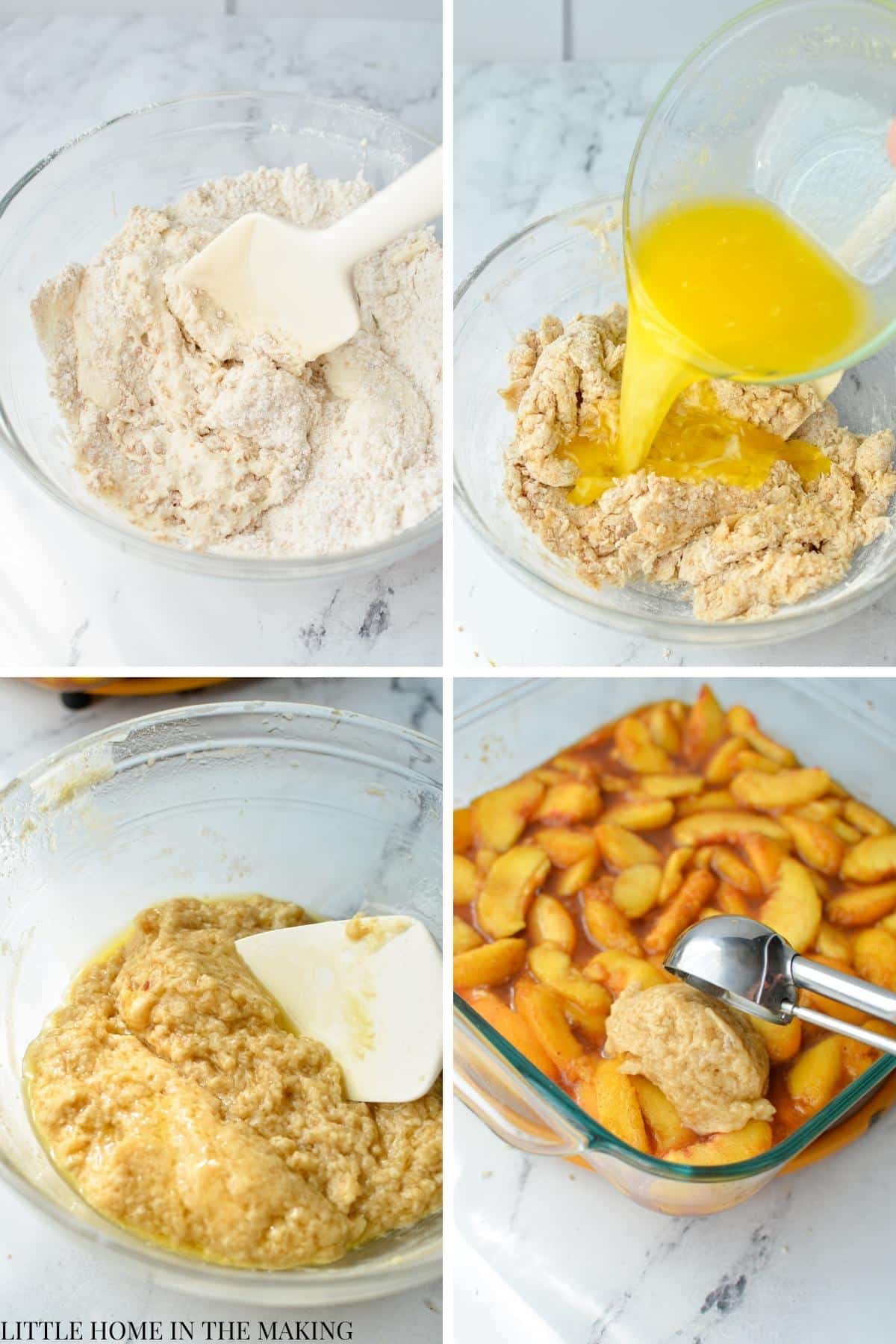 Adding a sourdough biscuit topping on top of a peach filling.