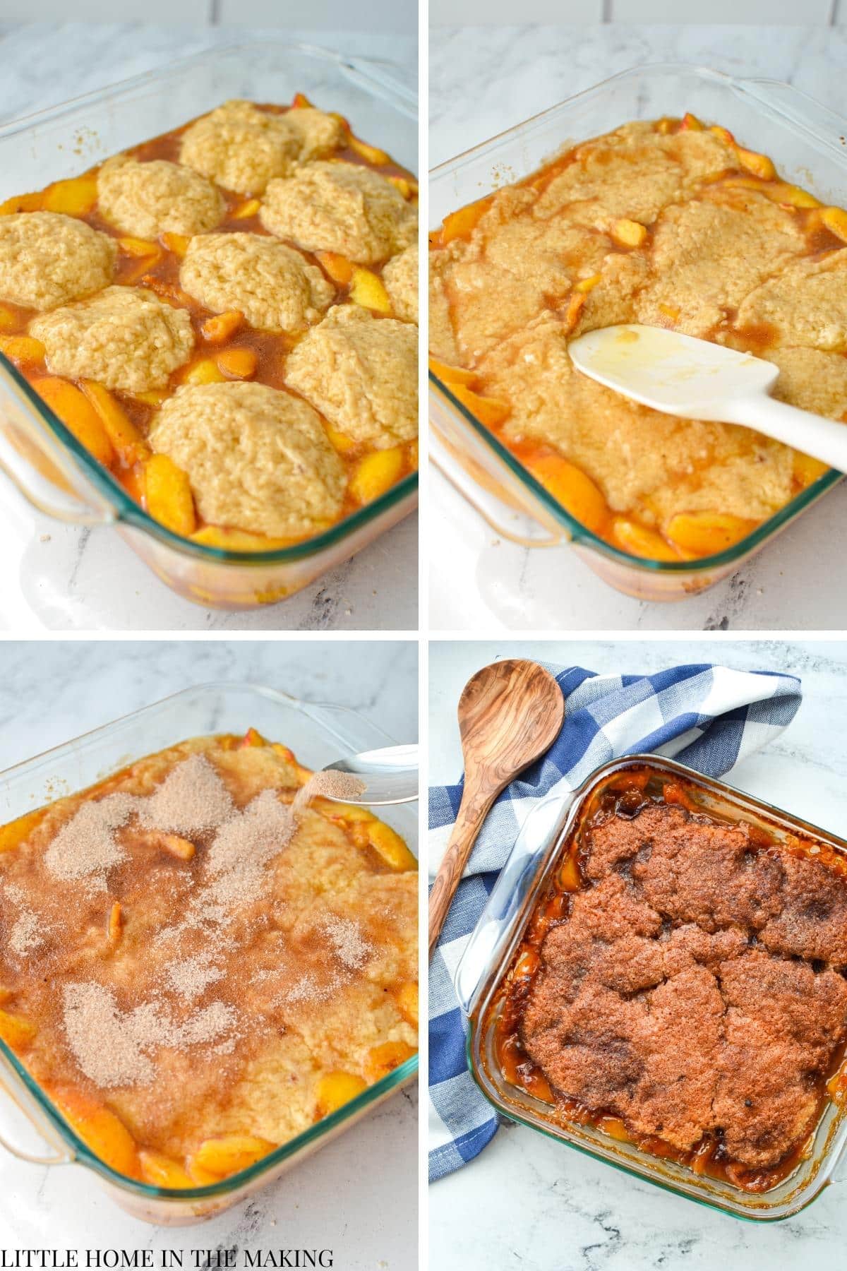 Spreading a biscuit topping all over the surface of peach cobbler.