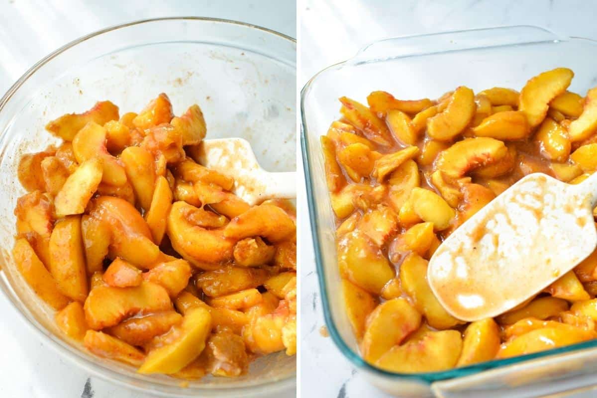 Spreading fresh peach filling into a baking dish.