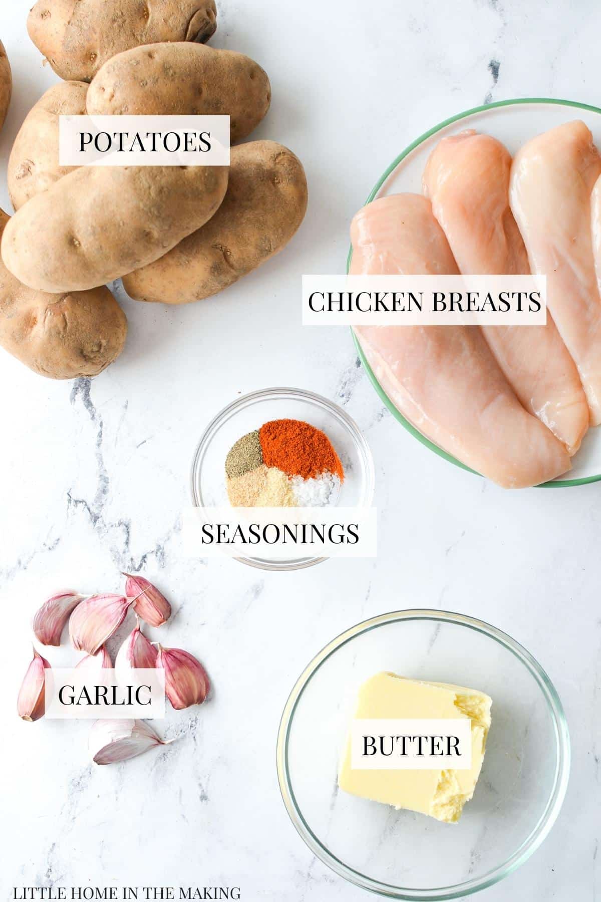 The ingredients needed to make chicken and potatoes.