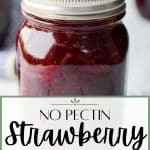 A jar of strawberry jam sealed with a canning lid.