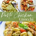 A bowl of gnocchi tossed with pesto and chicken.