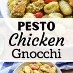 A bowl of gnocchi, tossed with pesto and filled with chicken and tomato.