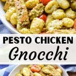 A bowl of gnocchi coated with pesto.
