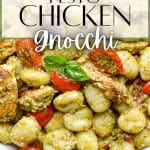 A close up of a bowl of gnocchi tossed with pesto.