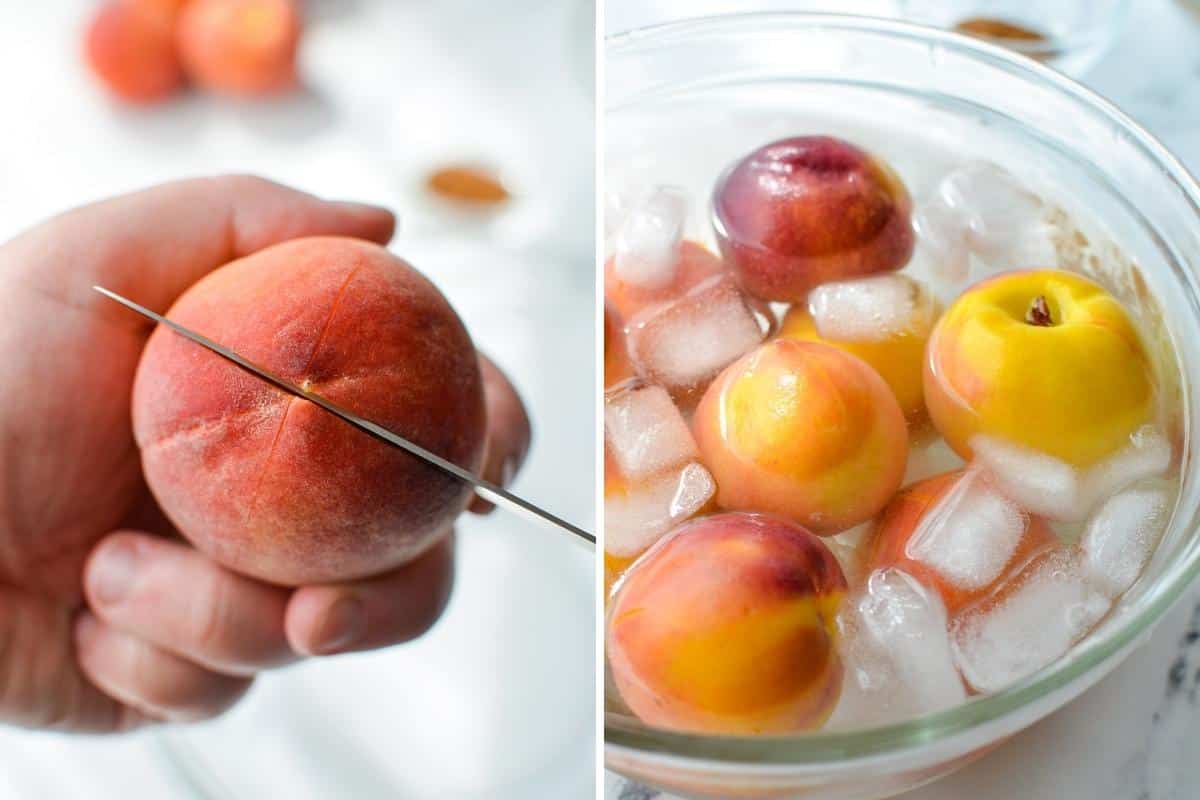 Cutting an x in the bottom of a peach to make peeling the skins off easy.