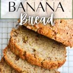 A whole loaf of banana bread, cut into slices.