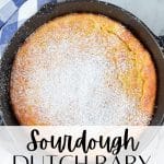 A cast iron skillet filled with dutch baby pancake.