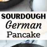A cast iron skillet with a German pancake in it.