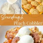 Adding a sourdough biscuit topping to peaches to make cobbler.