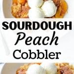 A plate of peach cobbler, topped with ice cream.