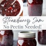 Jars of strawberry jam on a marble surface.