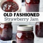 A jar of strawberry jam on a white marble background.