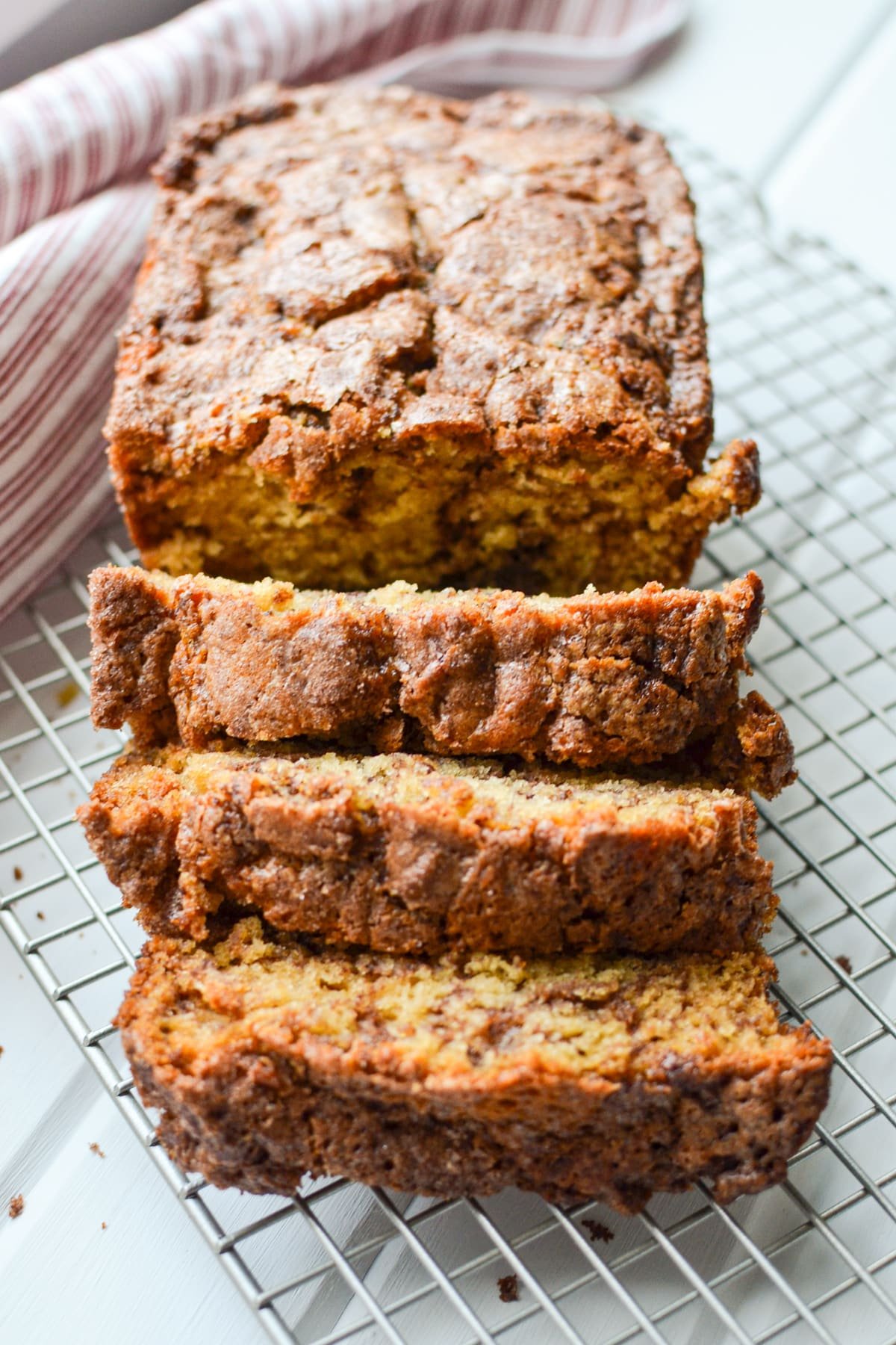 A loaf of quick bread, cut into slices.